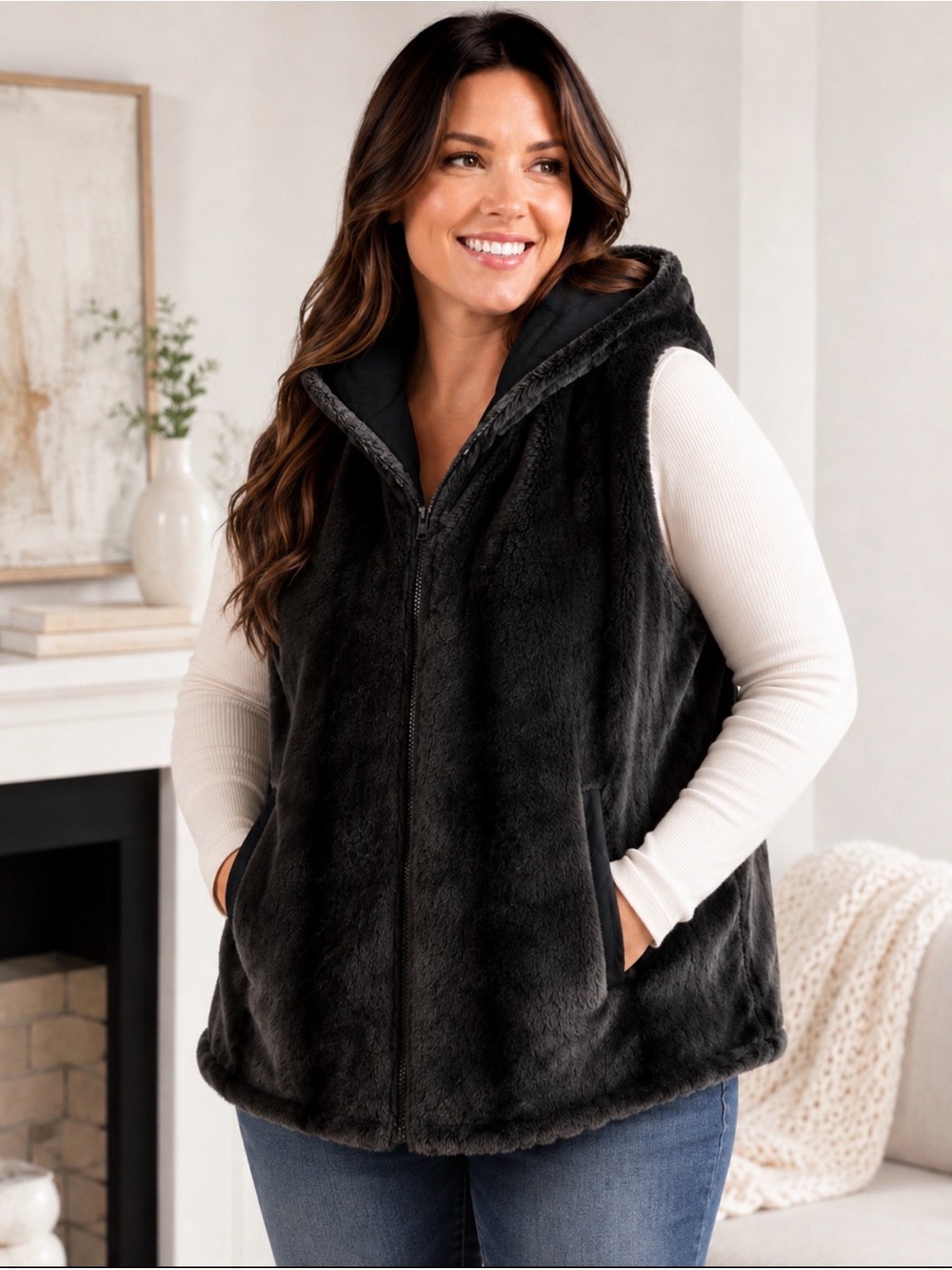 Kristen Blake Reversible Faux Fur Hooded Vest Black Gray Estimated XL